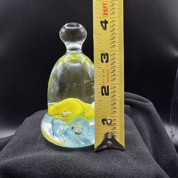 Joe St. Claire Glass Paperweight Bell Yellow and Light Blue Flowers - Picture 10 of 10